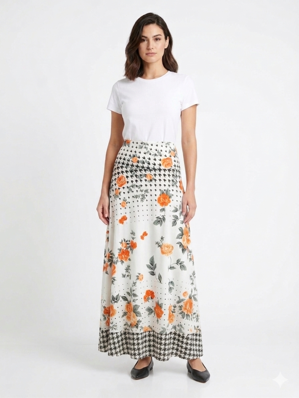 White Floral Maxi Skirt with Orange Roses Up To Size 3XL